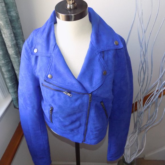 H&M Blue Microsuede Motorcycle Jacket Size 8 - Picture 1 of 5
